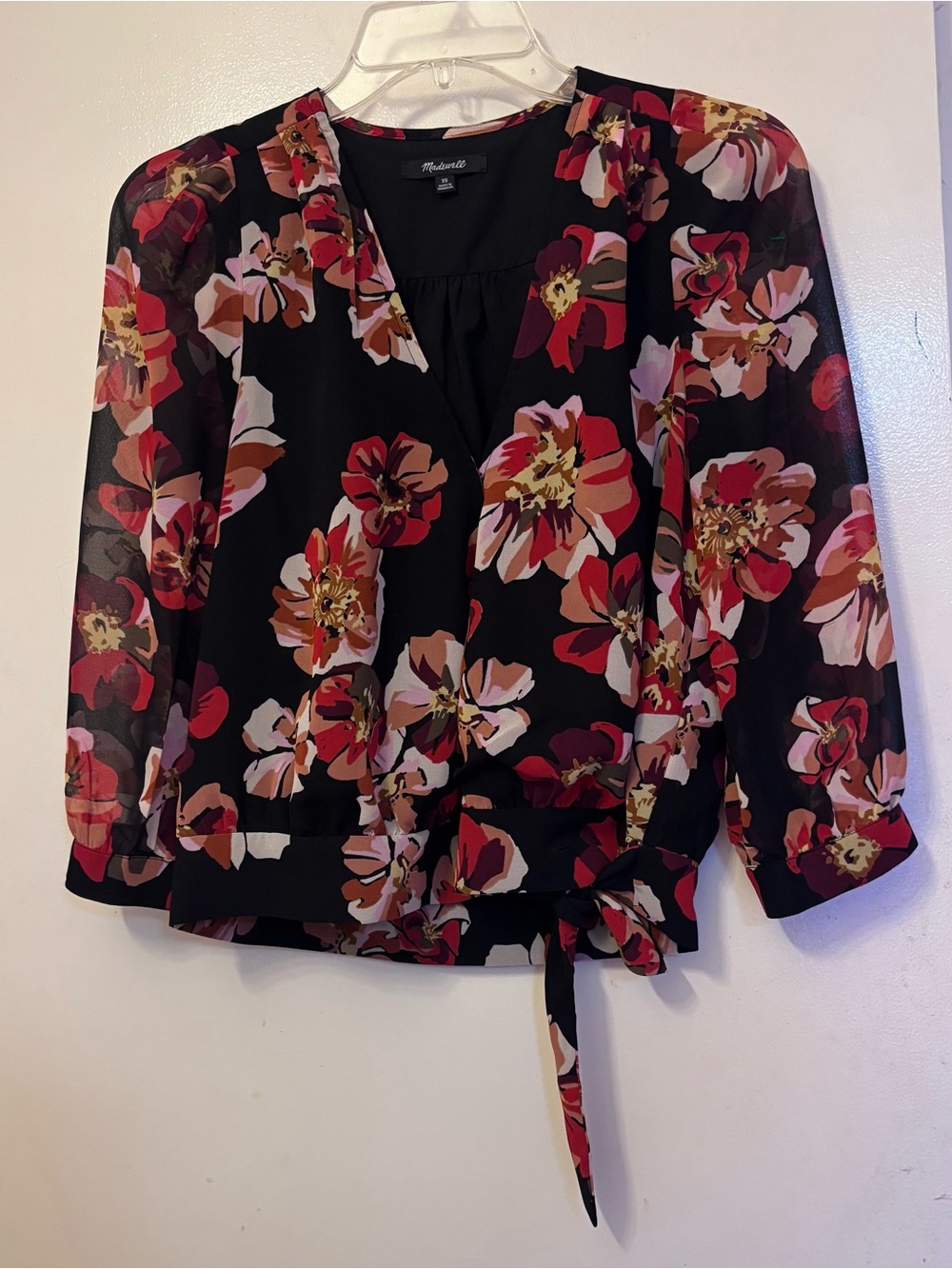 Madewell Black Floral Wrap Blouse with Red & Pink Blooms